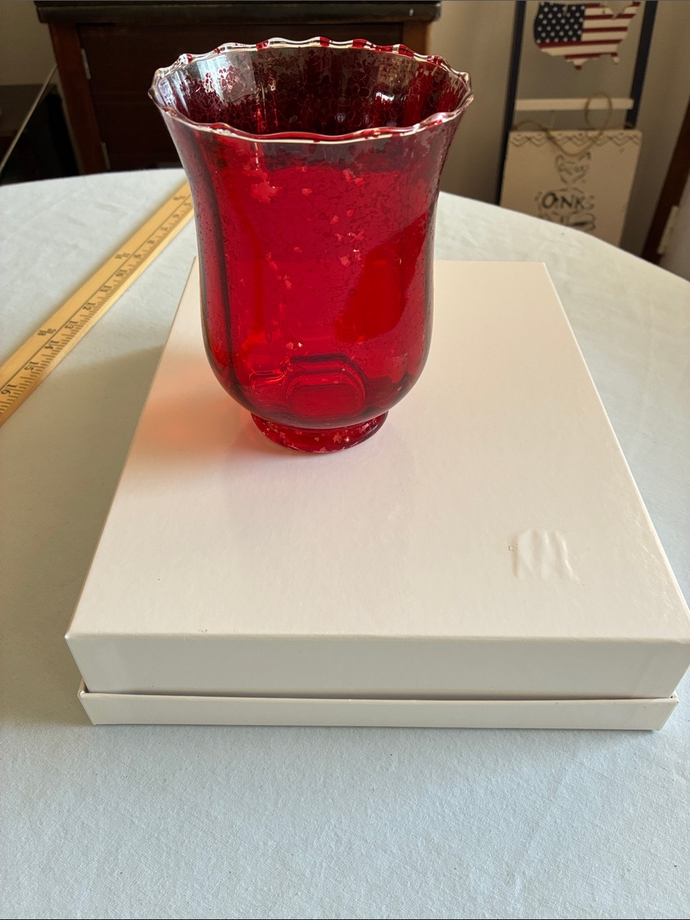 Vintage Red Decorative Glass Hurricane Vase or Candle Holder - Home Accents